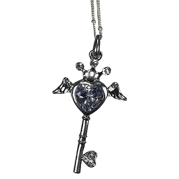 Silver skeleton key with wings, a crown, & big clear rhinestone heart on top NEW - Picture 1 of 8